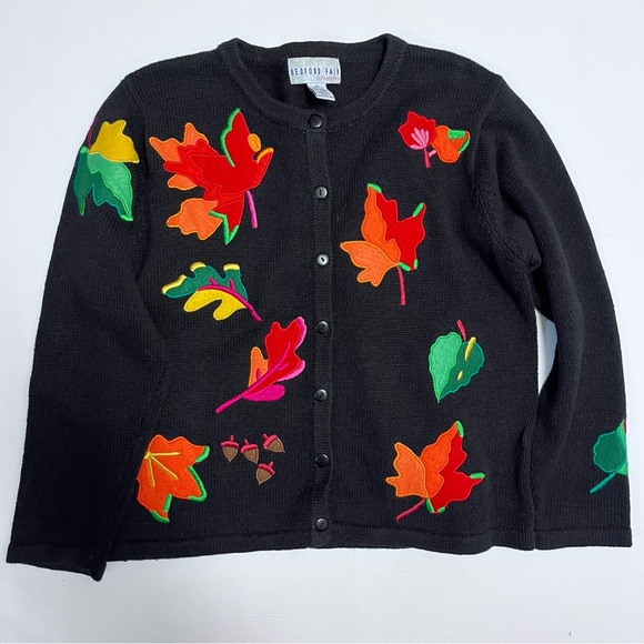 Vintage Felt Appliqué Autumn Leaves Button Front Cardigan Sweater Medium Petite - Picture 1 of 6